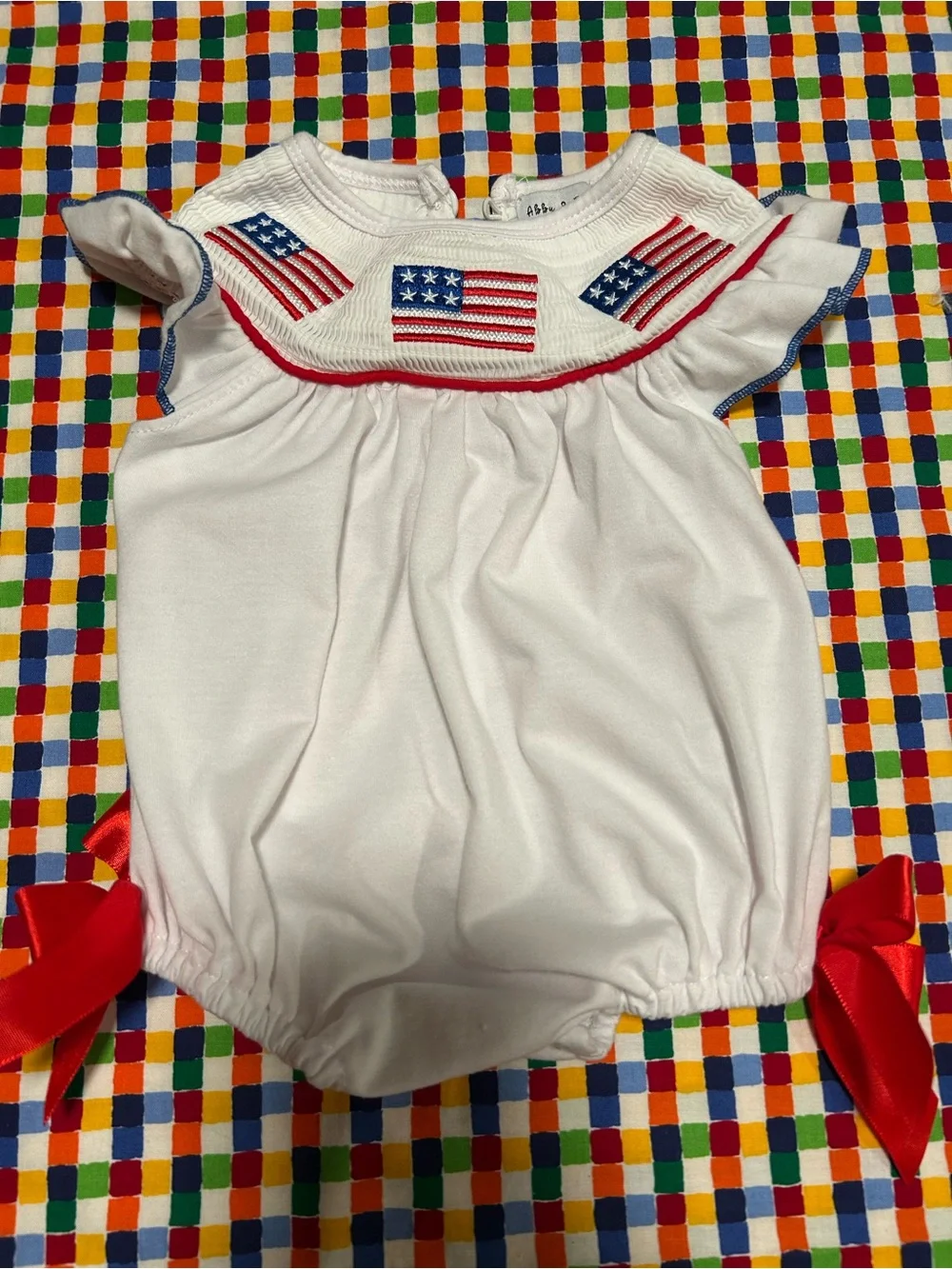 Abby & Evie White Baby Romper with American Flag Embroidery 6 months